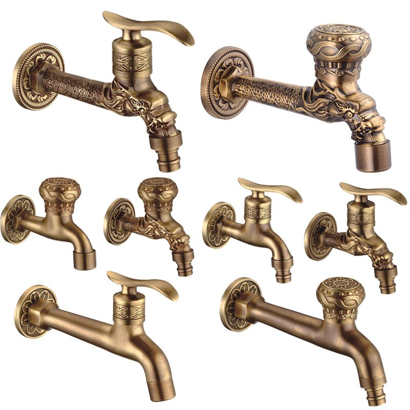 Carved Wall Mount Bibcock Brass Retro Tap Decorative Outdoor Garden Taps Washing Machine Mop Luxury Antique WC Faucet