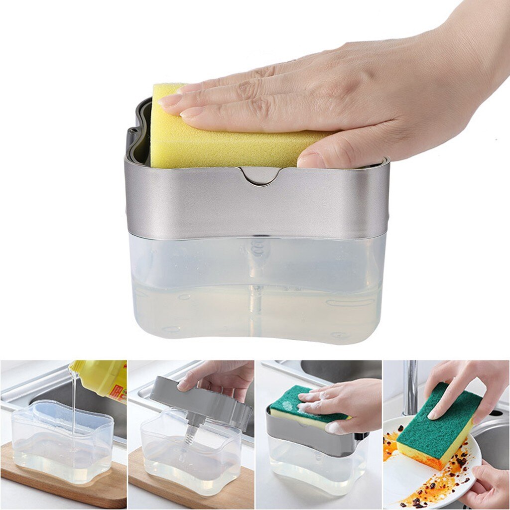 2-in-1Sponge Rack Soap Dispenser Kitchen Sink Soap Dispenser And Sponge Caddy 13 Ounces Detergent Storage Box Soap Boxes