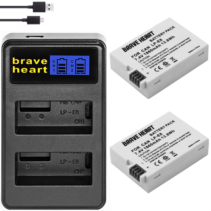 Batería para cámara Canon EOS 550D 600D 650D 700D Kiss X4 X5 X6i X7i Rebel T2i T3i T4i T5i, LP-E8 de 1860mah, 2 piezas: charger and 2battery
