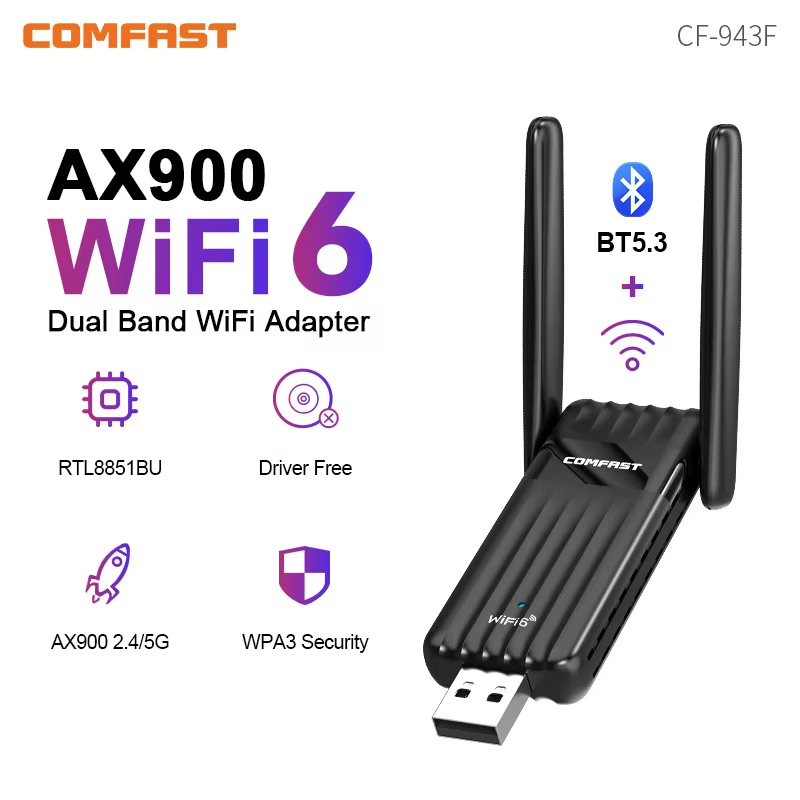 COMFAST AX900 WiFi 6 Bluetooth Adapter 2.4G&5GHz 900Mbps WiFi adaptador Free-Drive 2*3dBi Antenna BT5.3 Dongle for Win10/11 WPA3: Default Title
