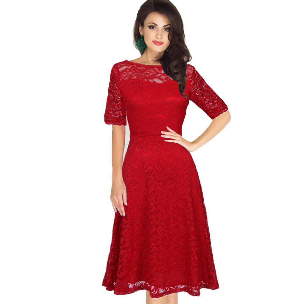 Vintage Party Dress Lace Half Sleeve Dress Women Plus Size Dress Dress: red / S