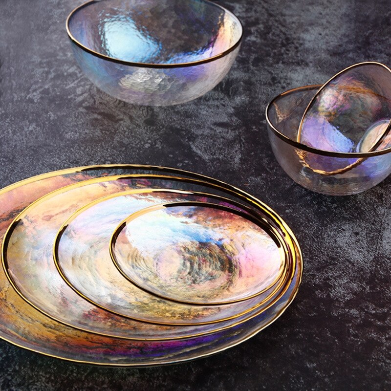 Creatieve Japanse Stijl Regenboog Ion Gehamerd Glas Plaat Set Westerse Salade Fruitschaal YHJ022701