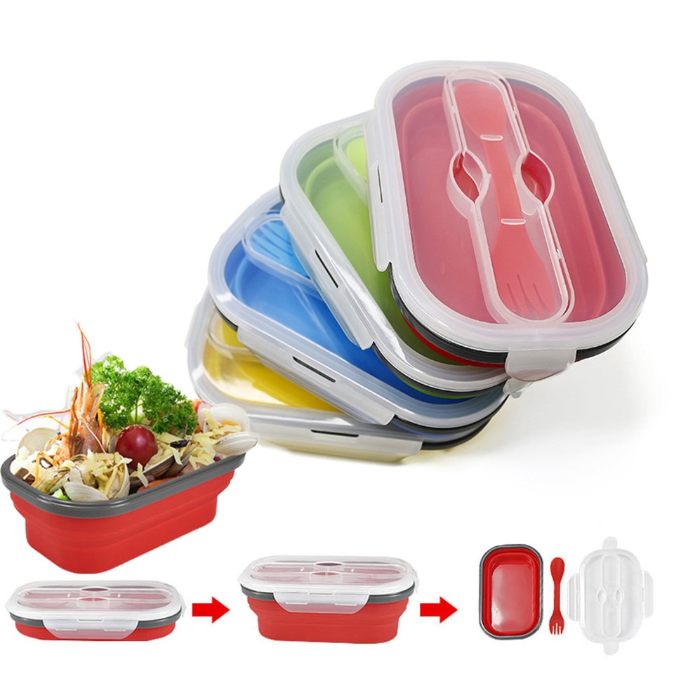 Silicone Lunch Box Food Storage Containers Stackable Bento Boxes Meal Prep Container Foldable Microwave BPA Free Plastic Lids