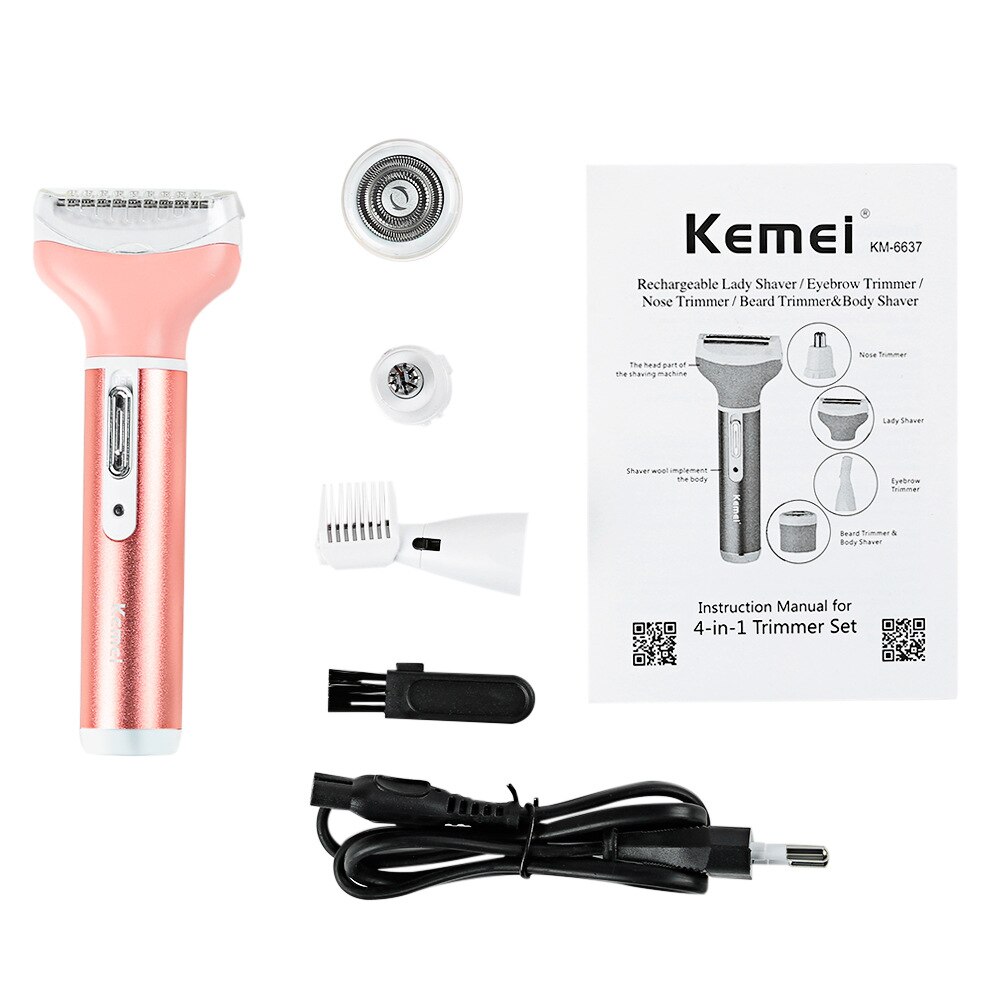 Kemei KM-6637 Electric Shaver 4 in 1 Rechargeable Hair Trimmer Women Hair Removal Machine Epilator Eyebrow Nose Trimmer Razor: KM-6637-no box