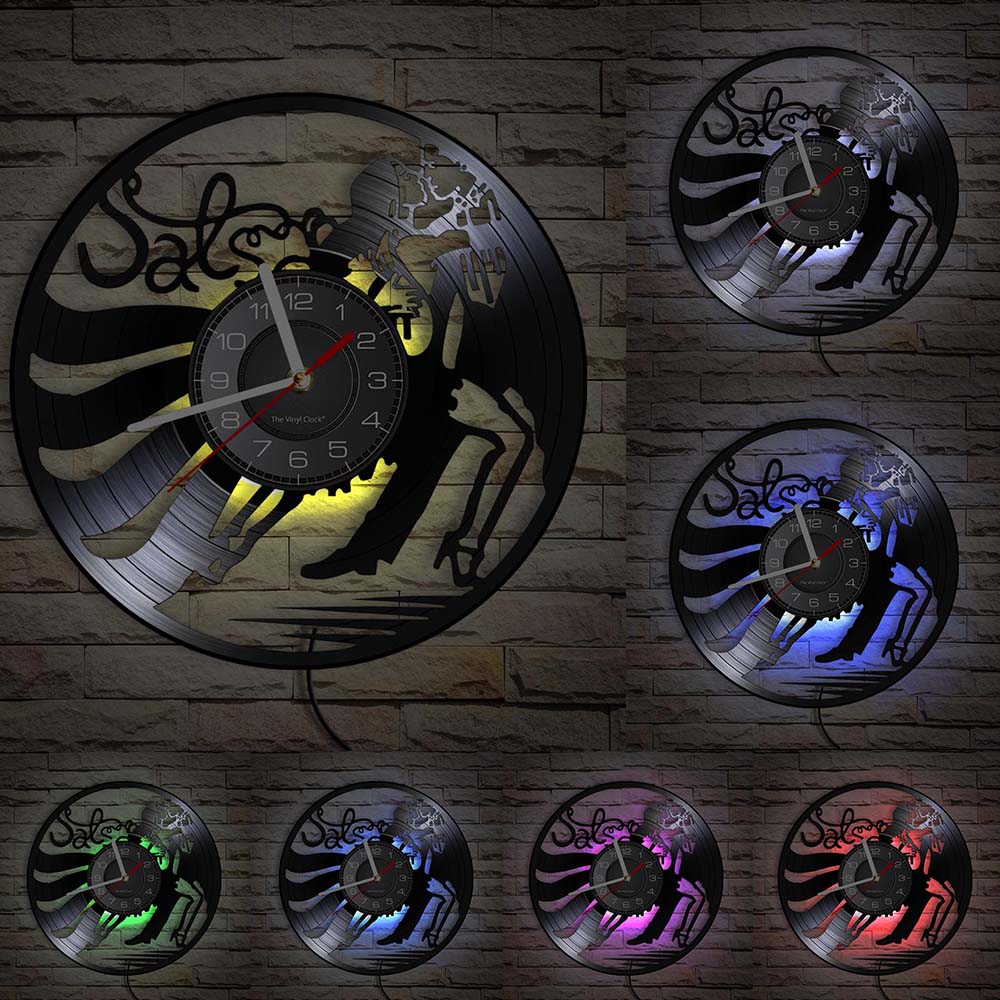 Reloj de pared Vintage para Danza Latina y Salsa, con silueta de pareja de baile, disco de vinilo, lámpara de pared para estudio de baile de salón Latino: With LED