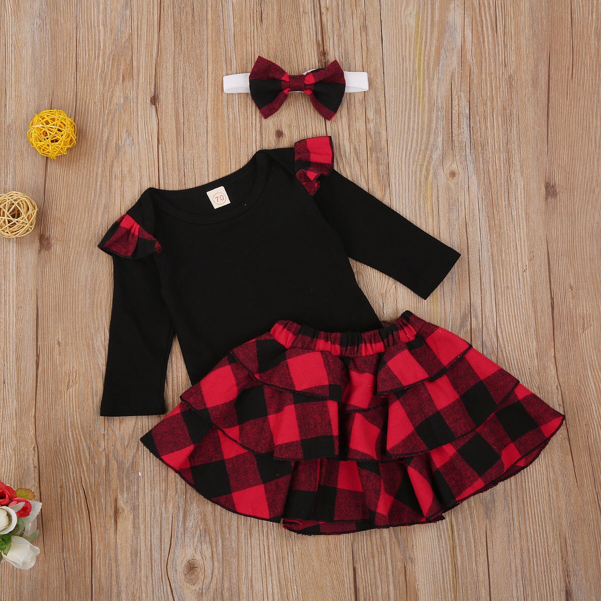 Drie Stuk Baby Meisje Kleding Verse Effen Kleur Lange Mouwen Jumpsuit + Plaid Korte Rok + Hoofdband Kerst herfst Outfits