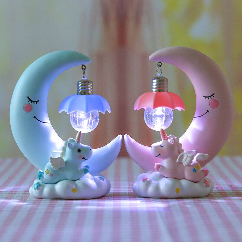 Resina luna unicorno LED Nightlight Cartoon Baby Nursery Lamp respirazione giocattolo per bambini regalo di natale camera dei bambini lampada da tavolo artigianale