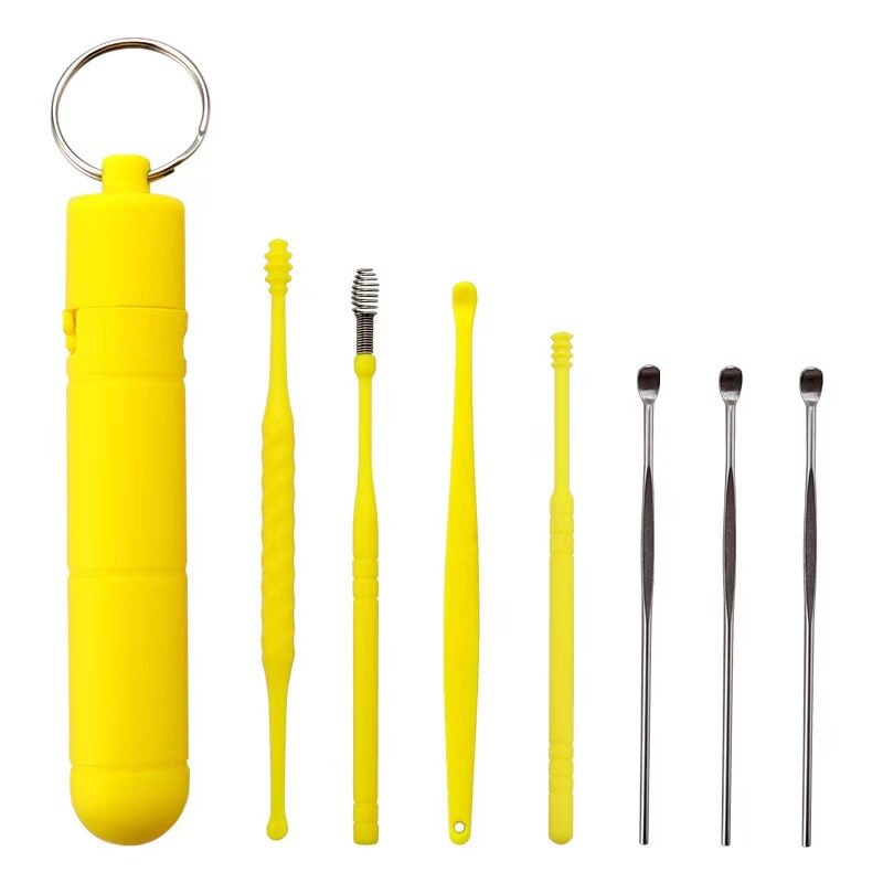 7Pcs Stainless Steel Earpick Ear Cleaner Spoon Ear Care Cleaning Tool Ear Wax Removal Kit Ear Wax Remover Ear Wax Removal Tool: Yellow