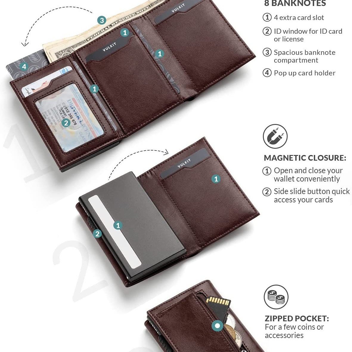 men's lock, card paper with coin and bill compartments Foldable wallet with RFID