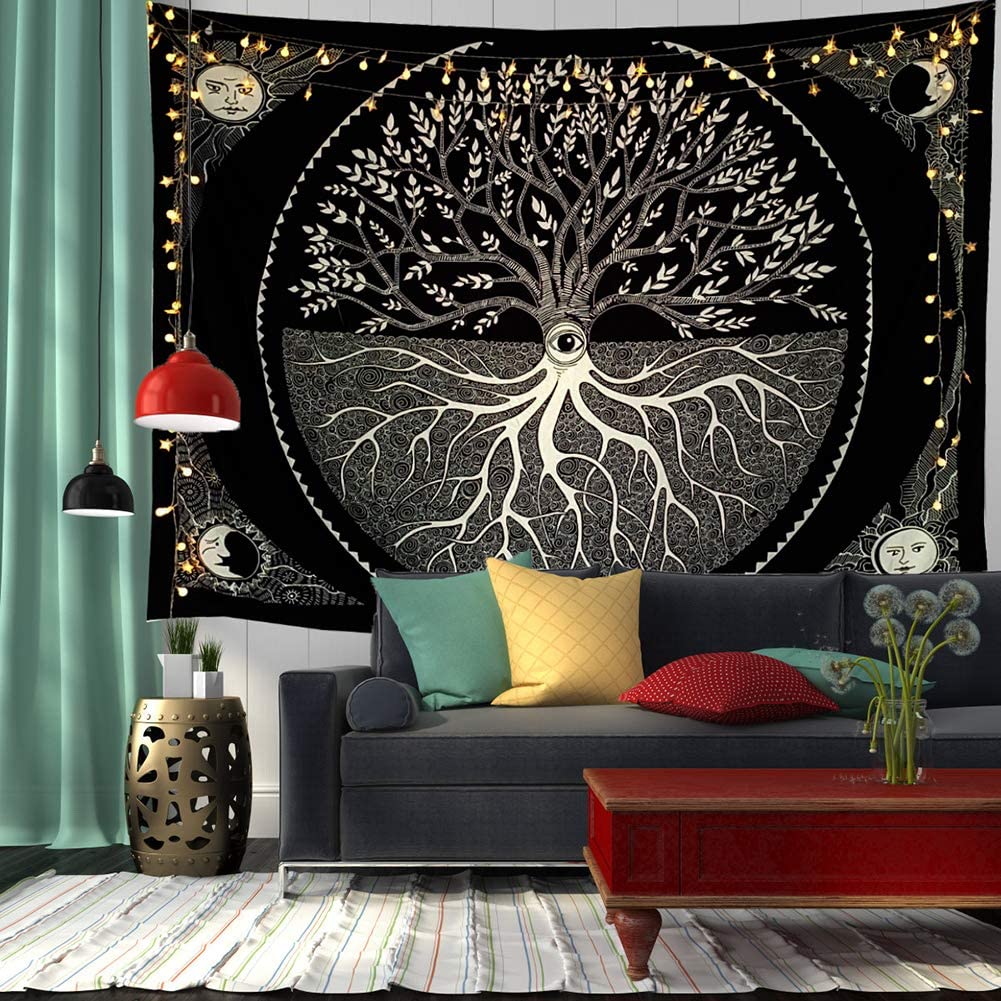 Soleil lune étoile noir et blanc arbre tenture murale Mandala bohême ascendance maison décoration couverture pour chambre salon