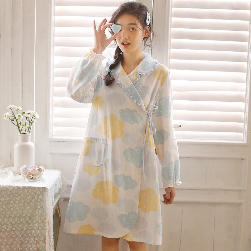 Puur Katoen Jong Meisje Zomer Verfrissende Nachtkleding Lange Mouw Dee Sexy Pyjama Set Leuke Vrouwen Homewear Wolken print: YELLOW / Xl