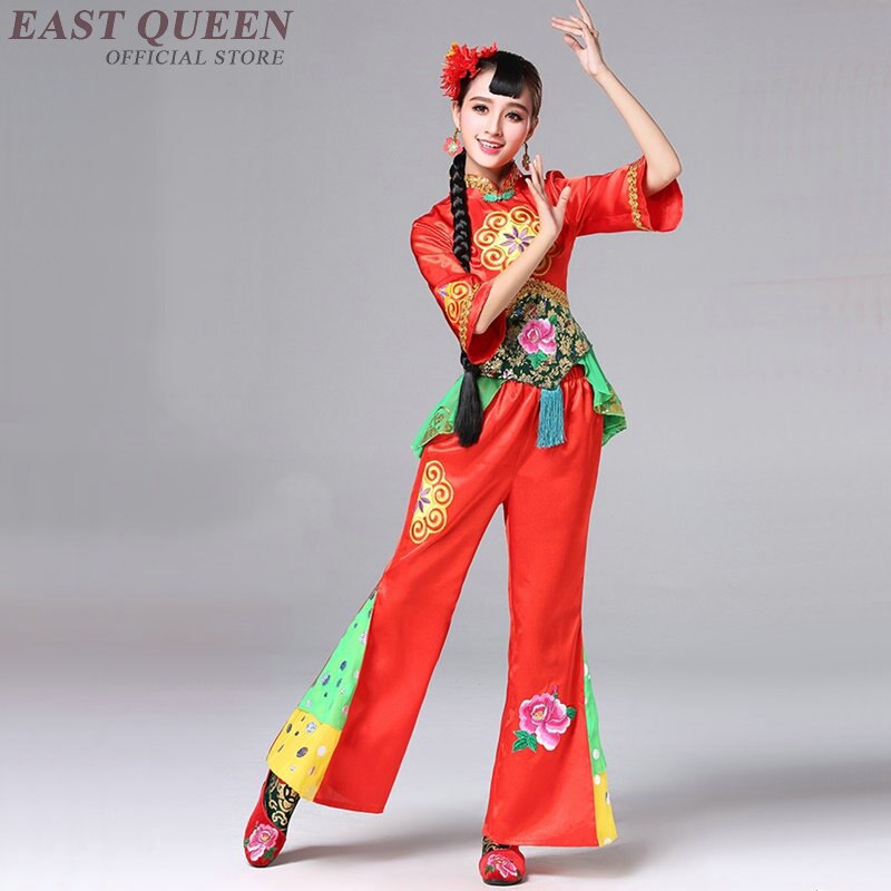 folklórico de China danza Yangko Coustume danza chino Año Festival Hanfu rojo Fan baile con tambores desgaste 3XL 4XL 5XL FF035 YQ