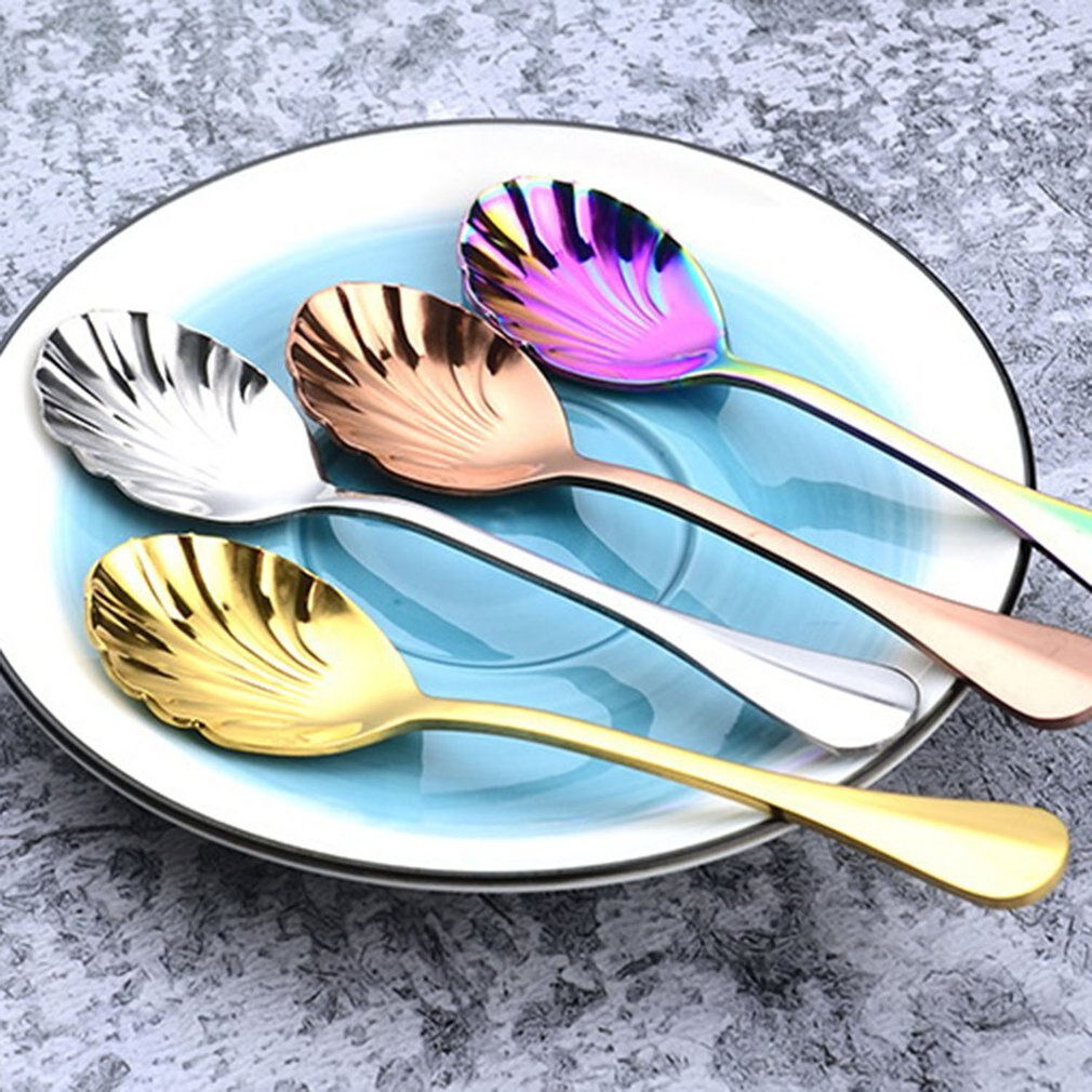 6Pcs Shell Shape Stainless Steel Teaspoons Coffee Spoons Ice Cream Sugar Dessert Spoons Colorful Rainbow Spoons for Kitchen Bar