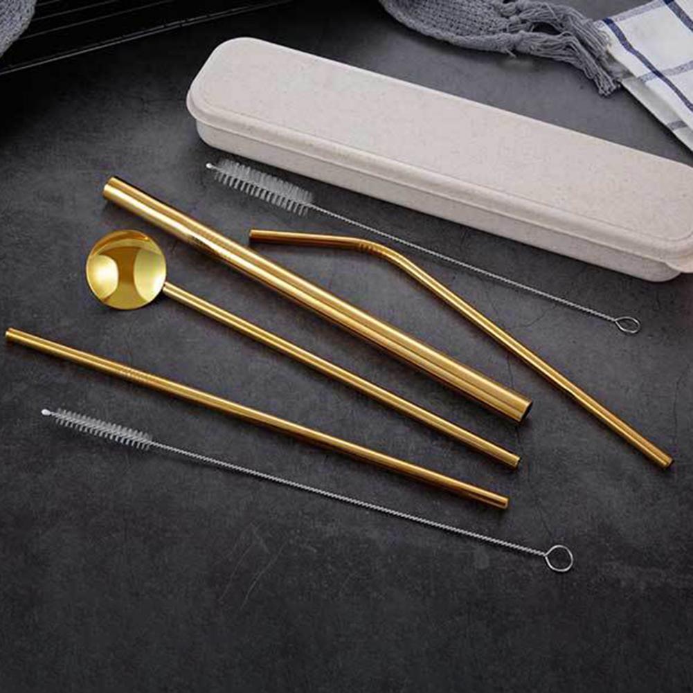 7Pcs/Set Dinnerware Set Reusable Stainless Steel Straws Spoon Drinking Flatware with Cleaning Brush Storage Box Cutlery Set