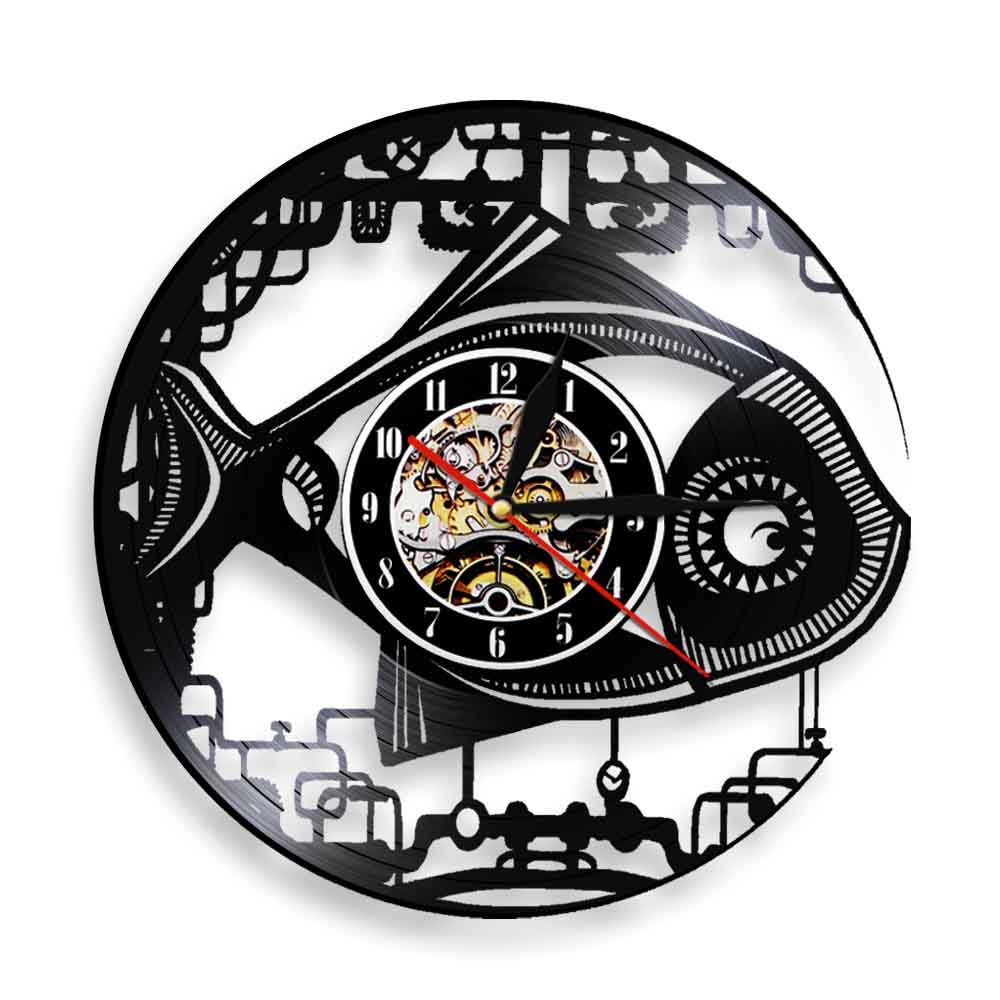 Jahrgang Steampunk Roboter Fisch Wanduhr Mechanische Fisch Schallplatte LP Uhr Handgemachte Moderne Zauberstab Kunst Getriebe Fisch Uhr