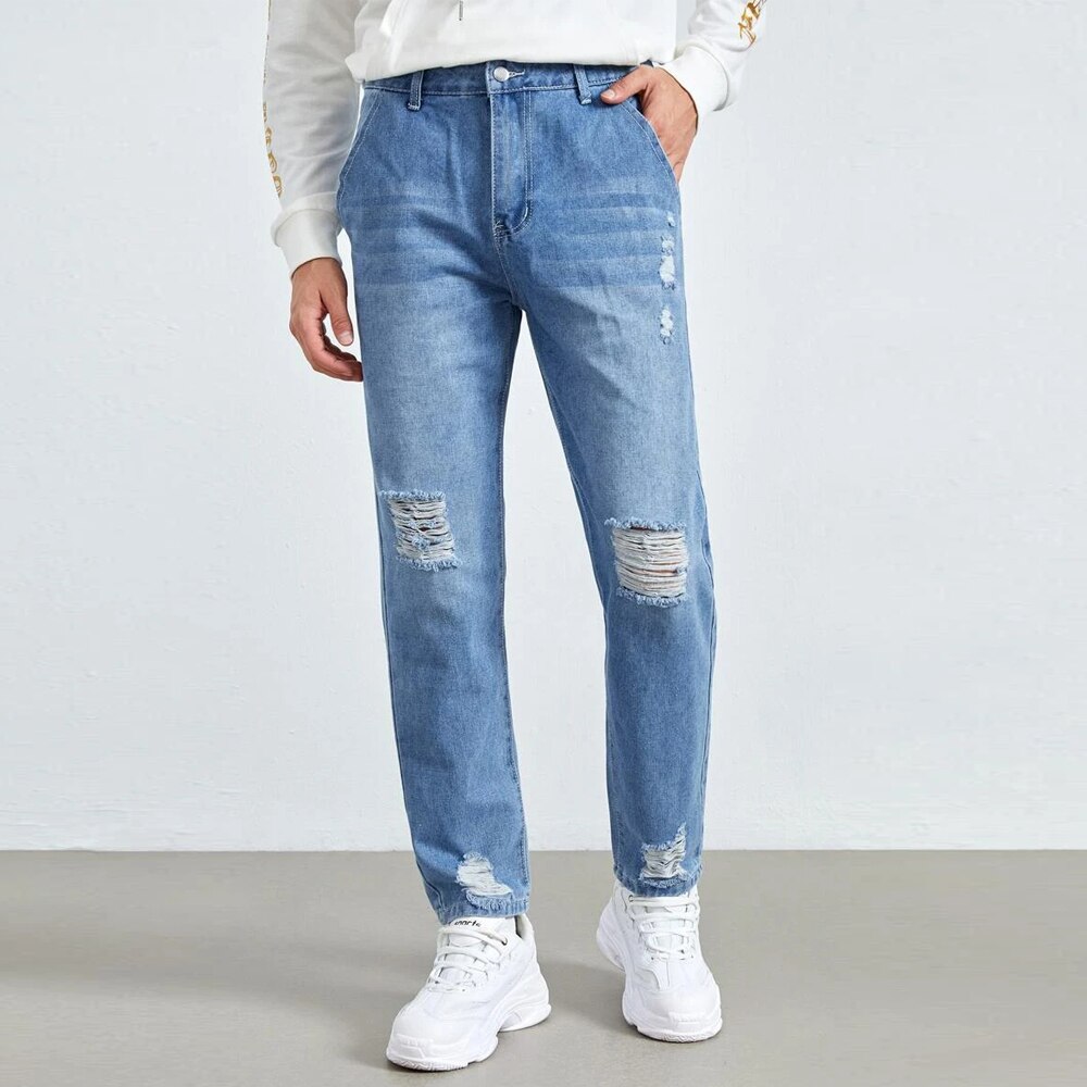 2022 Autumn Street Straight Leg Denim Pants Slim-Fit Men's Ripped Jeans Casual Wear And Wash Pocket Men Trousers Size S-2XL: M