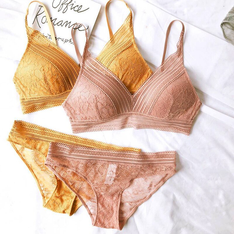 Neue Frauen 4 Farbe Unterwäsche Französisch Draht-Freies Ultra-dünne Bralette sexy Spitze Dreieck Tasse drücken-hoch Bh einstellen Baumwolle Bh und Höschen