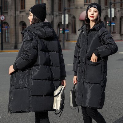 Vinter gravidjacka casual solid tjock varm lång luva parkas jackor gravid ficka snö lösa kappor m -3xl: Svart / Xl