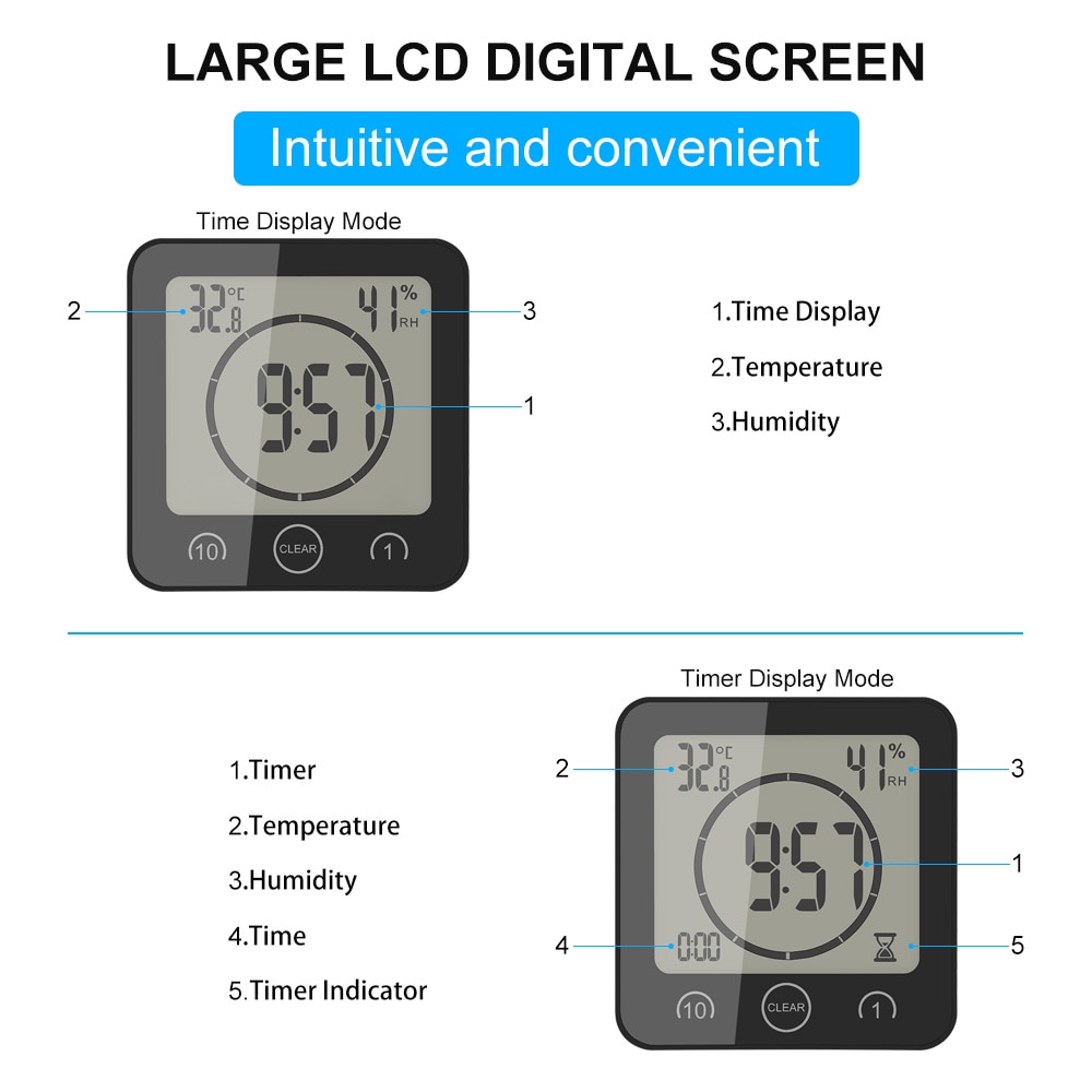 Digitala badrumsklockor termometer hygrometer lcd sugkopp vattentät duschklockor temperatur fuktighetsmätare larm