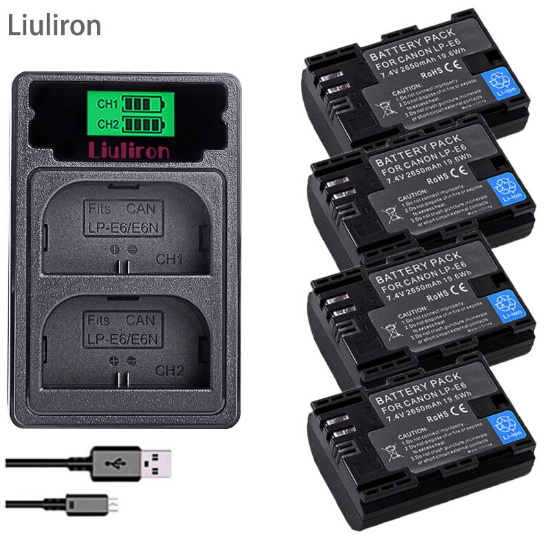 4 stk 2650 mah lp -e6 lp e6 lpe 6 batteri + led dual usb oplader til canon eos 5d 5 d 2 5ds r mark  ii 2 iii 6d 60d 60da 7d 7 d 2 70d 80d: Oplader og 4 batterier