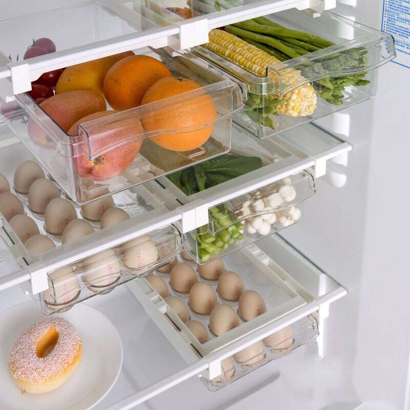 Plast opbevaringsbeholdere skuffe arrangør kasser plast boks opbevaring æg køleskab organizer skuffe gennemsigtig justerbar
