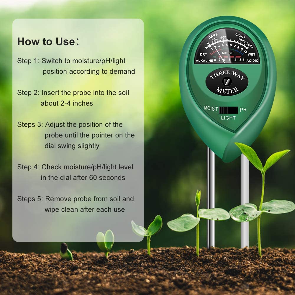 3 In 1 Digital PH Meter Soil Moisture Monitor Temperature Sunlight Tester For Gardening Plants Farming With Blacklight