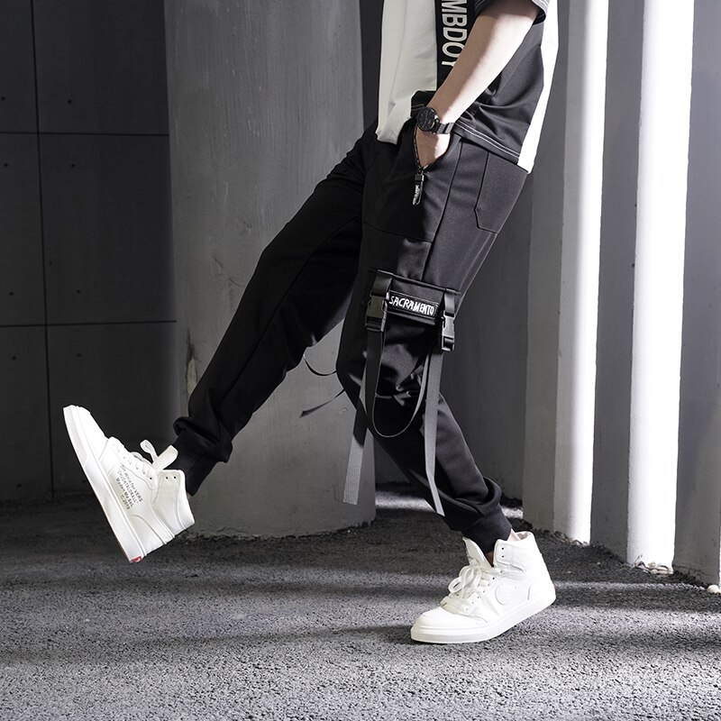 Ropa de calle , pantalones para hombre, pantalones de harén Cargo con múltiples bolsillos, pantalones casuales de Hip Hop, pantalones para correr negros, pantalones hasta el tobillo Harajuku para hombre