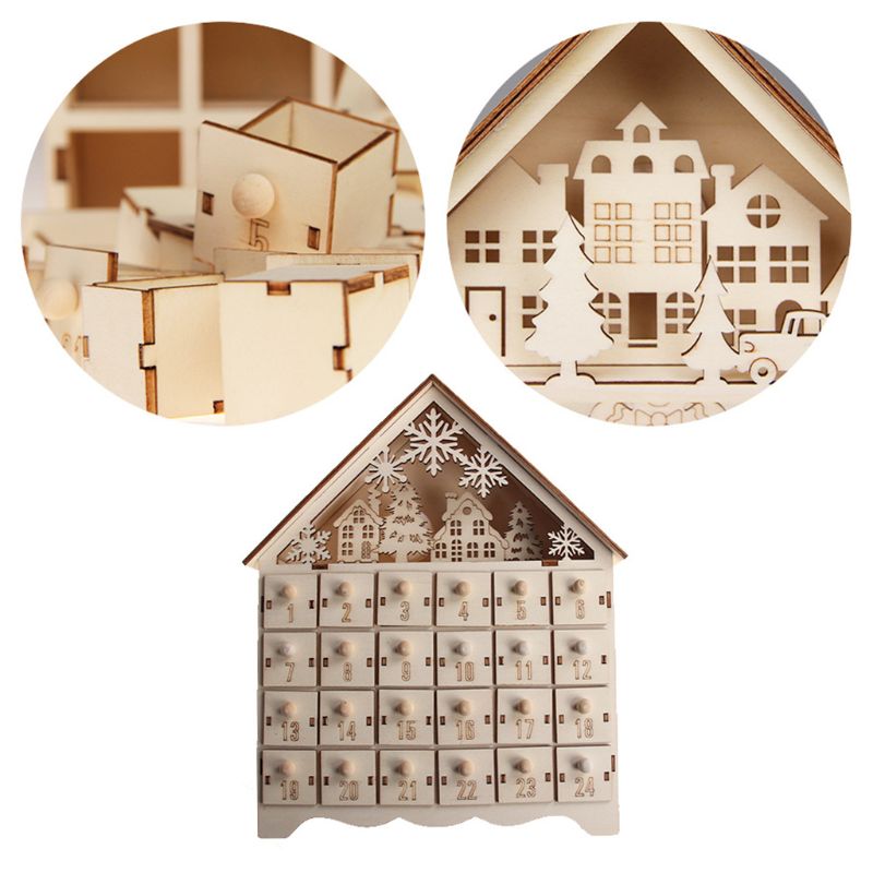 Christmas Snowman Wooden Advent Calendar Countdown Decor 24 Drawers w/ LED Light HXBC