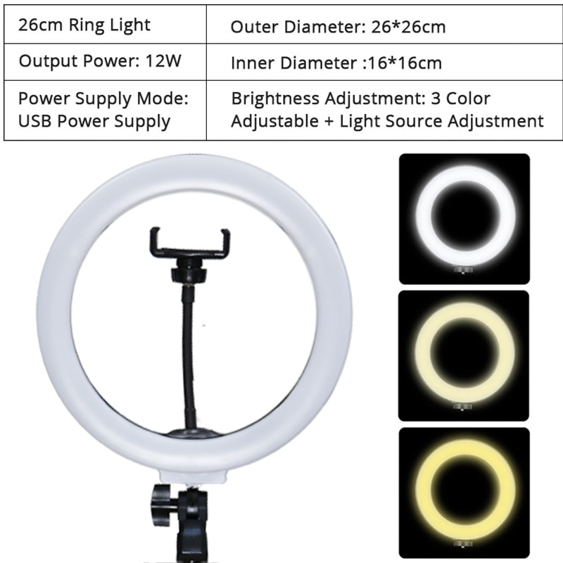 Led Ring Light 10&quot; 200pcs LED 3Color 3200K-5600K Dimmable Photography Lighting Phone Video LED Ring Lamp With Long Arm Stand