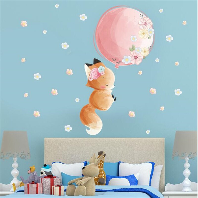 1 pz cartone animato rosa volpe palloncino fiori stelle adesivi murali per ragazze telecamera da letto per bambini vinile arte murale adesivi murali fai da te 30*60CM