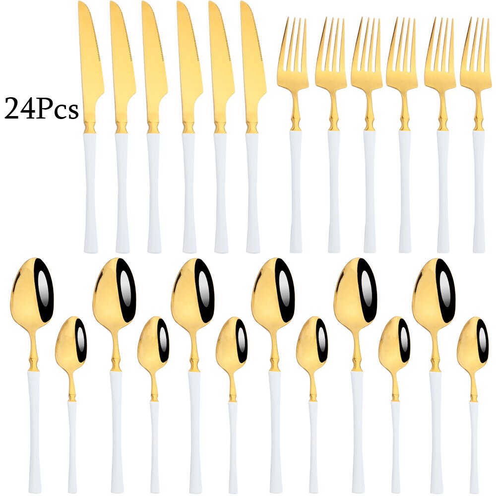 Couverts arc-en-ciel en acier inoxydable 304, 24 pièces, miroir, vaisselle, couteau, fourchette, cuillère à thé, couverts de cuisine, service d'argenterie: White gold