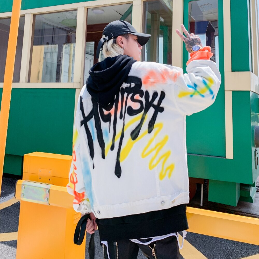 Graffiti Print Wit Denim Jassen Streetwear Hip Hop Casual Punk Rock Jeans Jas Jassen Uitloper Hipster Tops WQ173