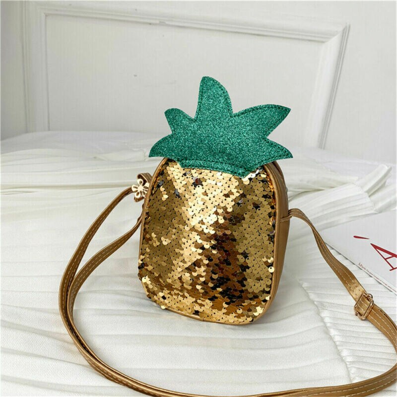 Kid pige frugt håndtaske bling skuldertaske jordbær ananas pailletter pu rund crossbody pung tegnebog baby tilbehør: Gul ananas