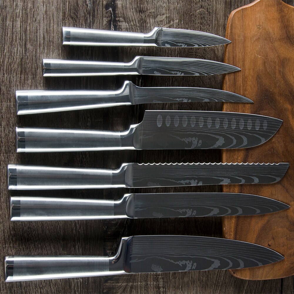 Damask køkkenknive sæt 7 cr 17 knive i rustfrit stål frugtværktøj santoku kok udskæring brød madlavning kniv damaskus mønster
