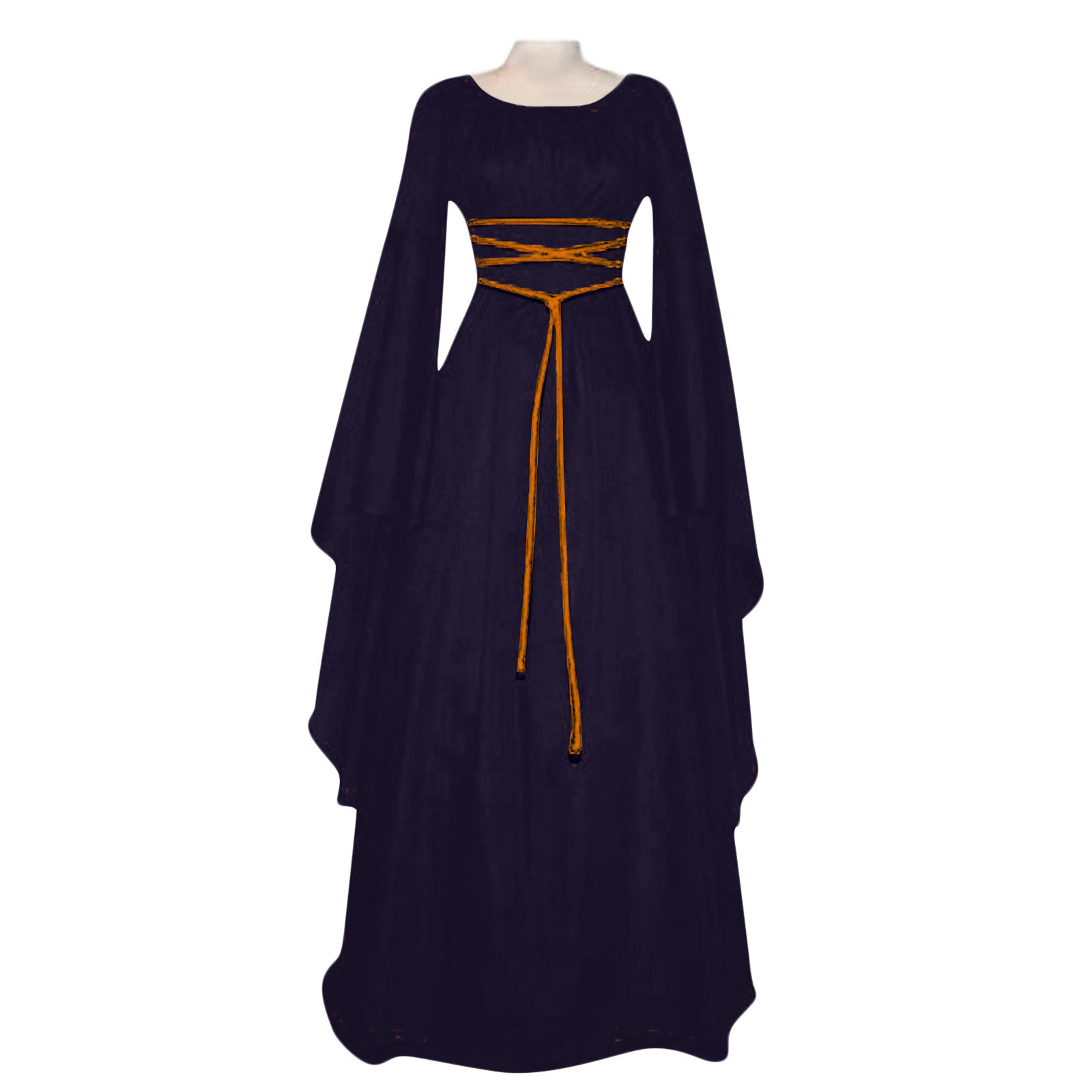 Vrouwen Middelbare Leeftijd Vintage Kostuums Sexy Lange Mouw Veters Middeleeuwse Gotische Vloer Lengte Jurken Cosplay Retro Lange Maxi Jurk: XXL / Marineblauw