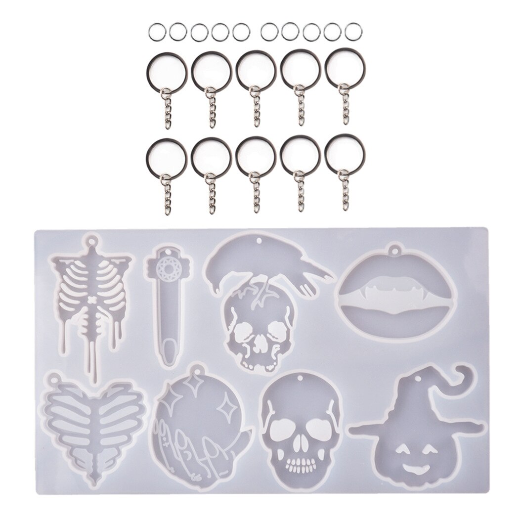 1pcs Halloween Keychain Molds Skull Resin Silicone Mold DIY Skeleton Necklace Pendant Crafts Polymer Clay Mold for Epoxy Resin: 1set