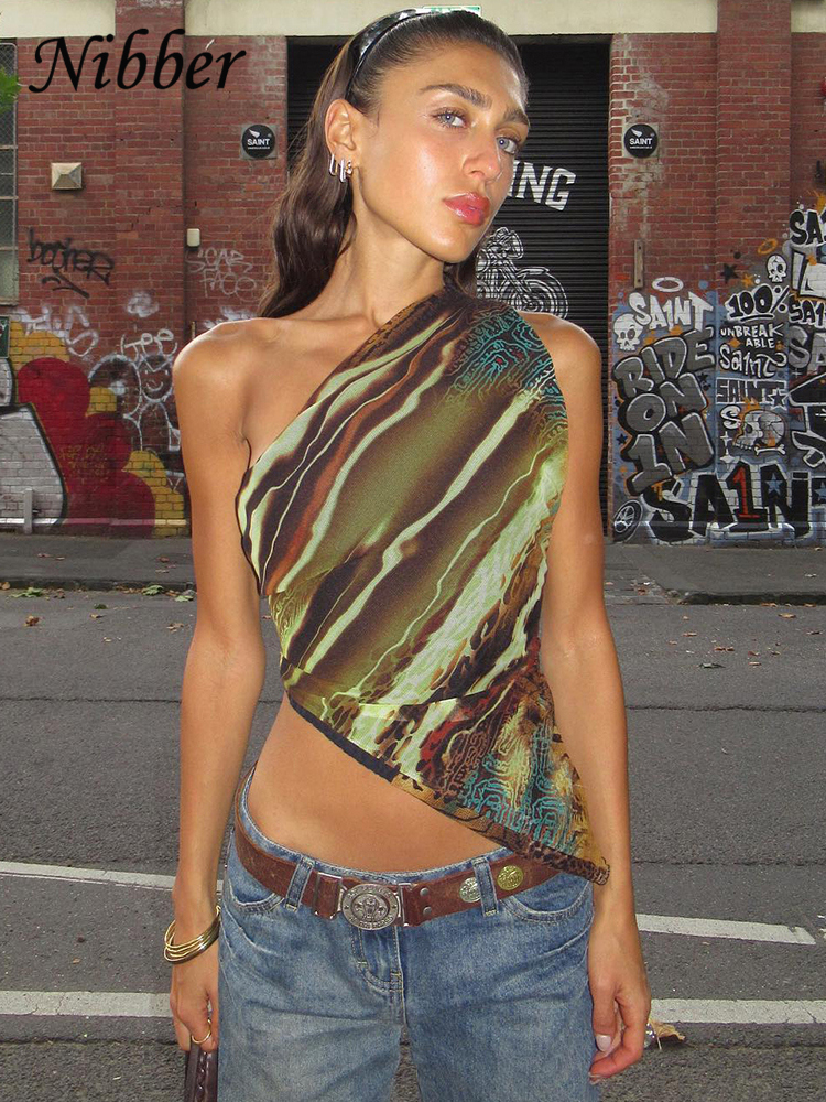 Nibber-camisetas sin mangas con estampado Irregular para mujer, chaleco Hipster moldeador de cuerpo sin mangas con hombros inclinados únicos, ropa de calle femenina