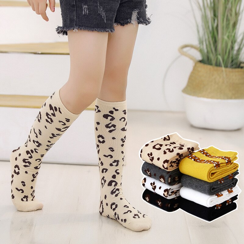 Baby piger efterår vinter knæ høje sokker leopard print stribet blød benvarmer bomuld lange sokker drenge piger sokker 1.3kg#40