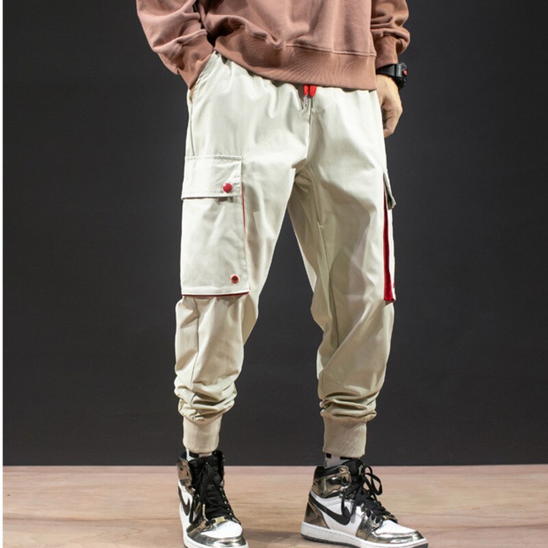 #2342 sorte khaki lilla cargo bukser herre bomuld hip hop bukser streetwear pencil harem bukser med store sidelommer elastisk talje: Beige / L