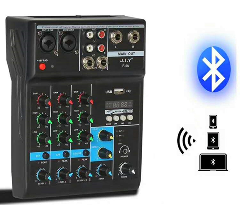 Draagbare Audio Mixer Met Usb Bluetooth Dj Sound Mixing MP3 Jack 4 Channel Karaoke 48V Versterker Voor Karaoke Ktv match Party