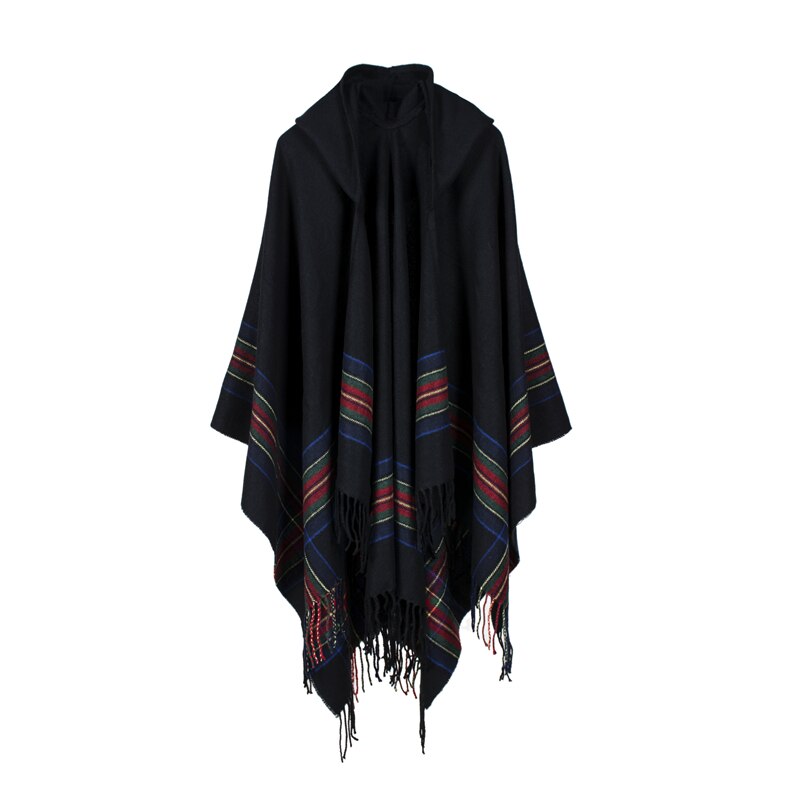 women winter shawl and wraps thick warm blanket scarf oversize hooded black ponchos and capes striped tassel echarpe