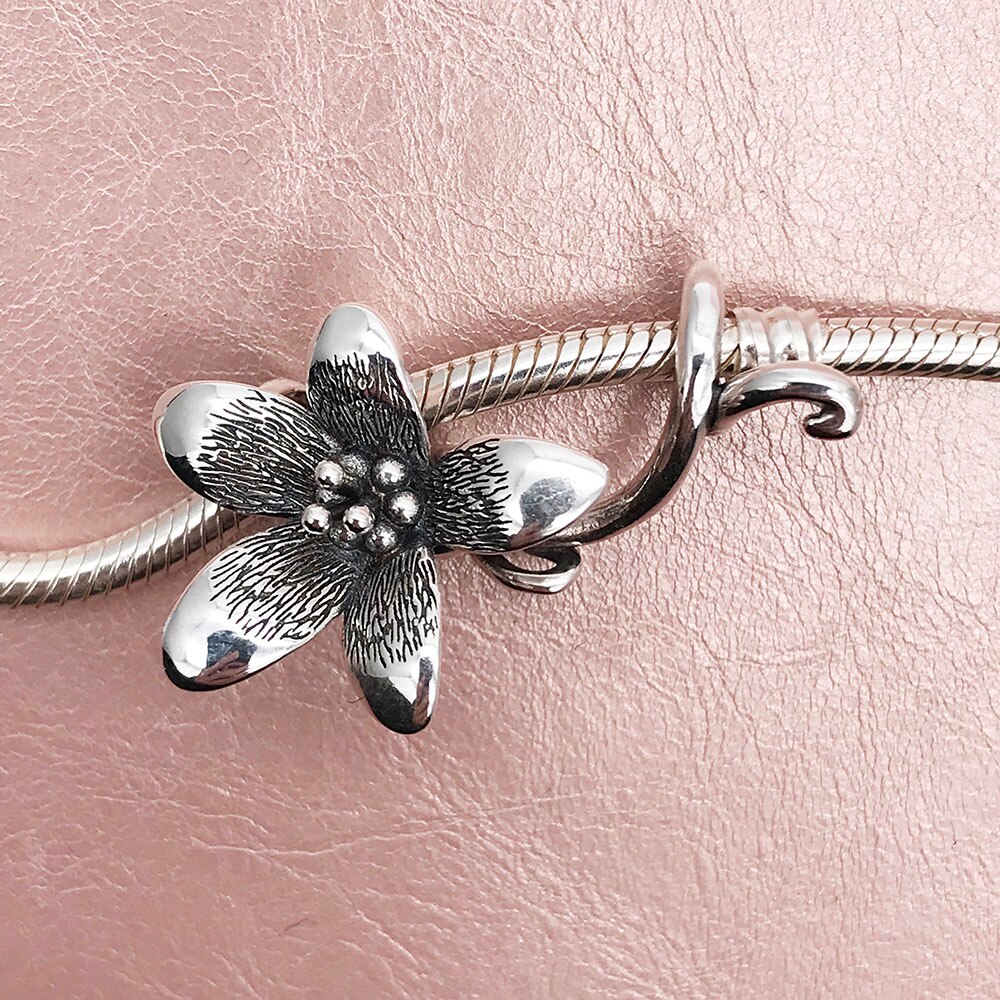 Genuine 925 Sterling Silver Not Original Flower Troll Anemone Pendant Fit European Bracelet Necklace Rose Jewelry