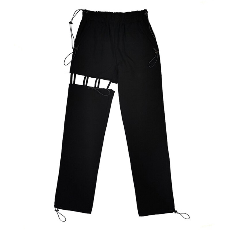 Pantalones con agujeros para mujer, petos holgados e informales de Hip-Hop, con correa para pies rectos, pantalones deportivos de cintura alta para correr: Default Title