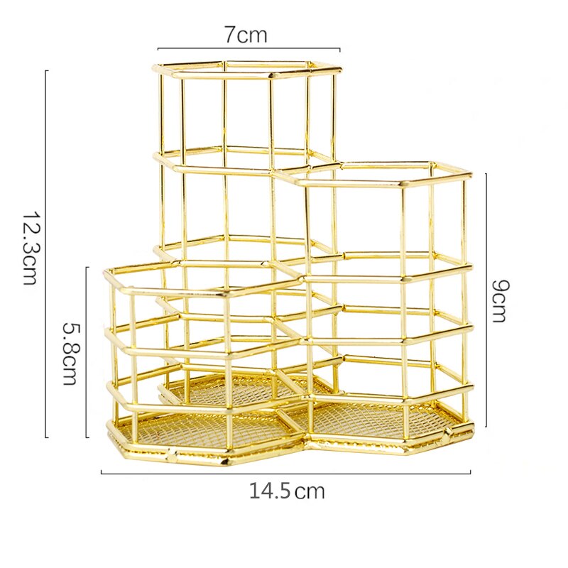 Metalen zeshoekige gouden pennenhouder, make-upborstelhouder, organizer, bureau-organizer voor stationaire opslag, kantooraccessoires, decoratie