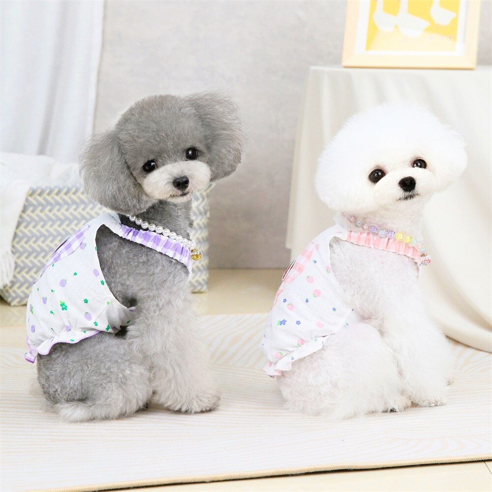 Jupe à bretelles pour animal de compagnie, vêtement mignon, imprimé fraise, chien, chat, à carreaux, printemps été