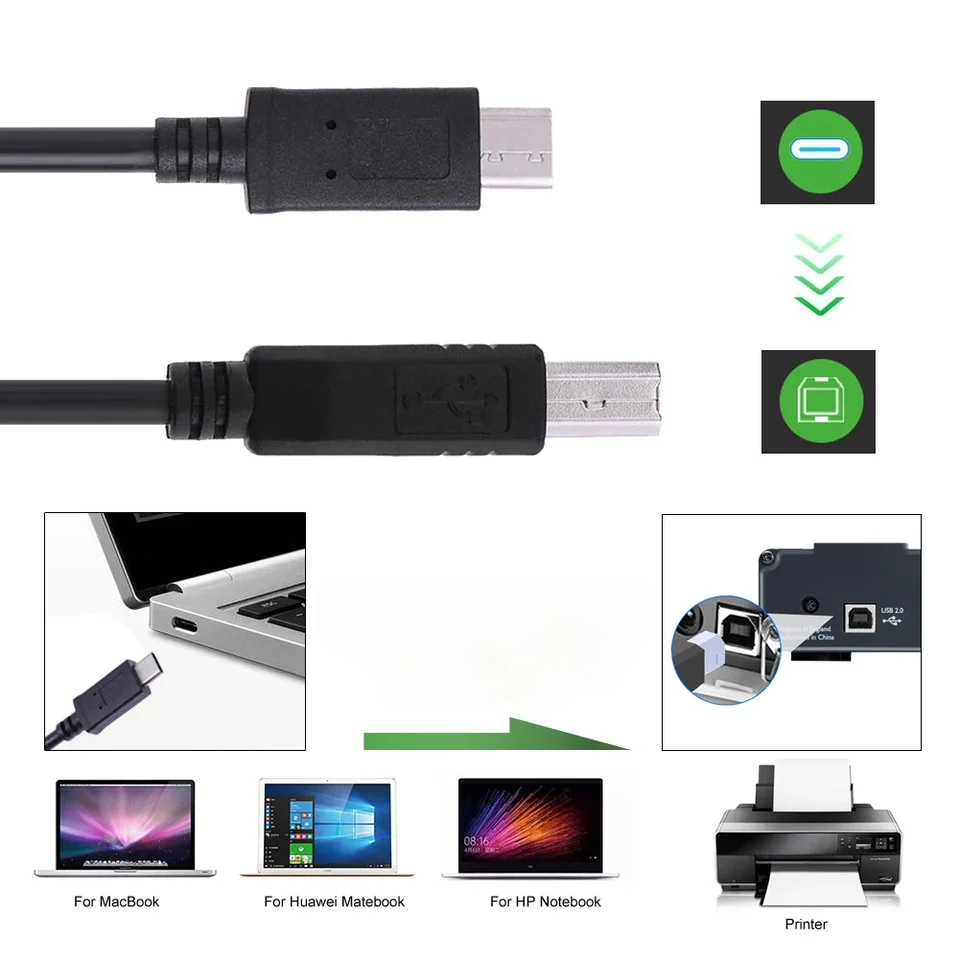 1M 2M 3M 5M USB 2.0 datakabel Type-C naar USB-B printkabel Compatibel met Thunderbolt3 laptop voor printerscanner MIDI-toetsenbord