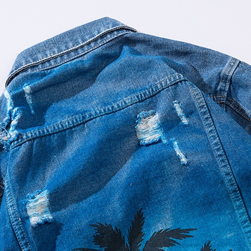 Mode Losse Denim Jas Vintage Bomberjack Ripped Holes Zee Strand Kokospalm Mannen Hip Hop Jeans Jacket Streetwear Coat