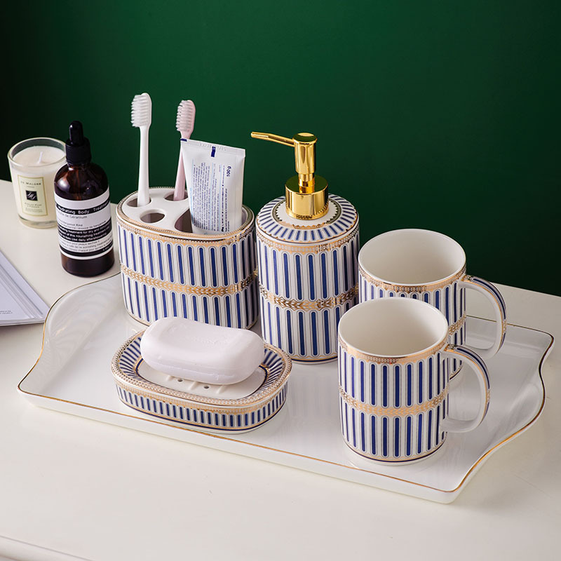 Luxury Blue Gold Ceramic Bathroom Five-piece Bathroom Supplies Soap Dispenser Brushing Mouth Cup Soap Dish Tray Toiletry Set