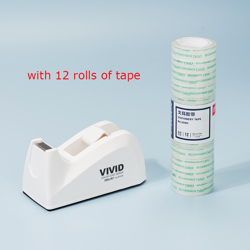 DELI Cute Office Tape Dispenser Plastic Stationery Sealing Tape Cutter Washi Tape Storage Organizer Cutter Office Tape Dispen: White With12 Tape