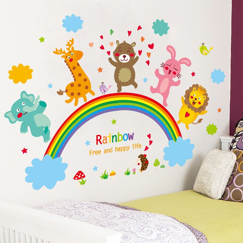 [shijuekongjian] tegneserie løve bjørn dyr wallstickers gør-det-selv regnbueskyer vægmaleri mærkater til børneværelser baby soveværelse dekoration